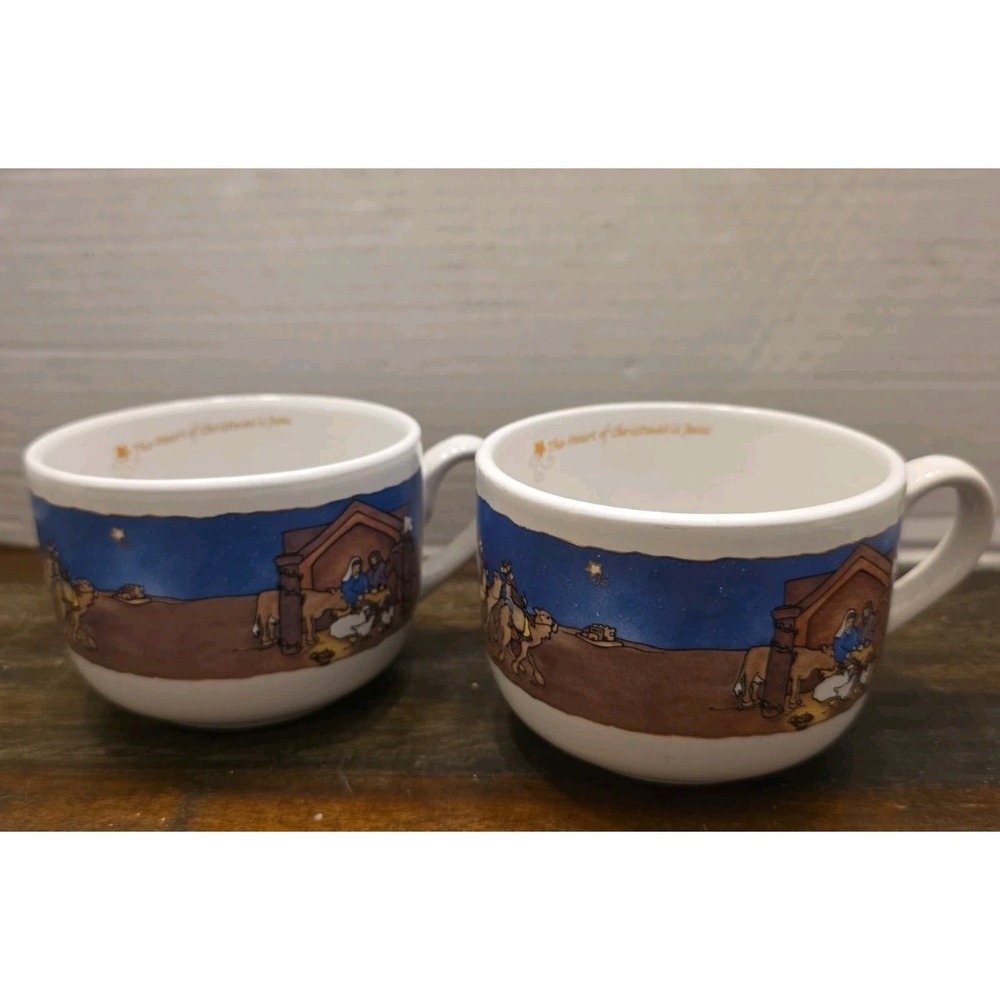 Vintage Christmas Nativity Soup Mugs Set of 2 The Heart of Christmas is Jesus